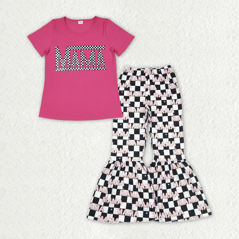 Baby Girl Adult Women MINI & MAMA Pink Shirt Checked Bell Pants Mom and Me Clothes Set