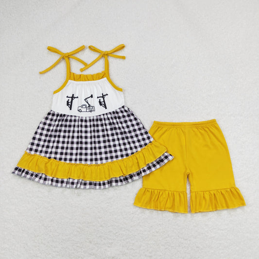 Baby Girl Sleeveless Line Worker Tops Yellow Cotton Shorts Summer Set