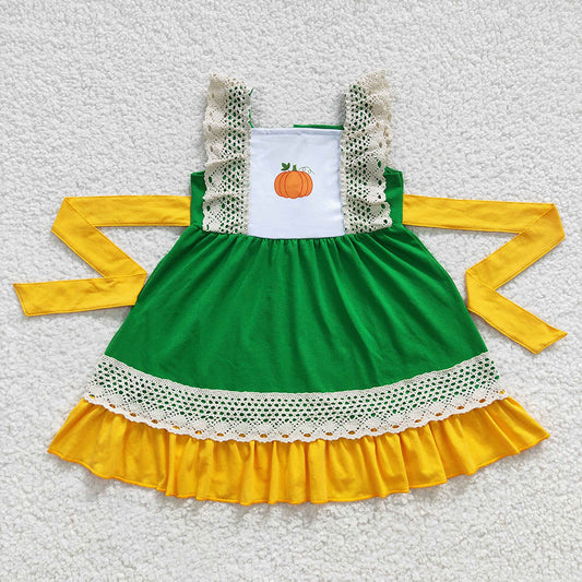 Promotion Baby Girl Pumpkin Lace Cotton Green Dress RTS