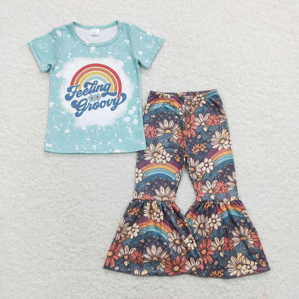 Baby Girl Short Sleeves Groovy Rainbow Flower Sibling Dress Clothes Set
