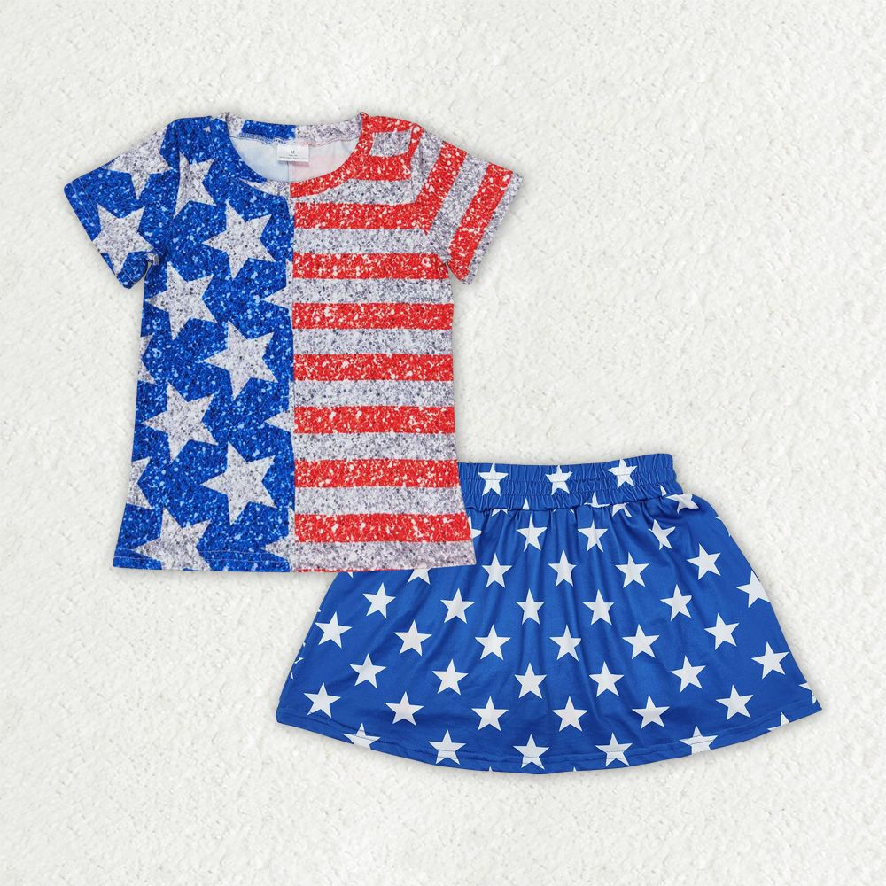 Baby Girl Short Sleeves 4th of July Stars Stripes Shirt Skirt Shorts Skorts Set RTS