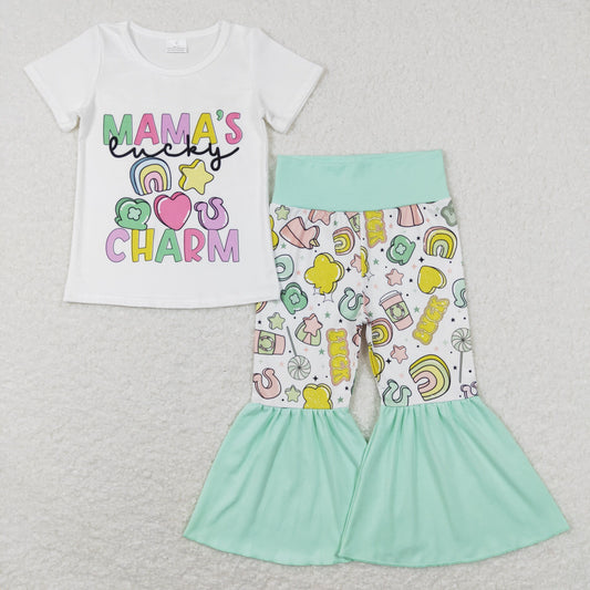 GSPO1047 Baby Girl Mama's Charm Shirt Bell Pants St. Patrick's Day Set
