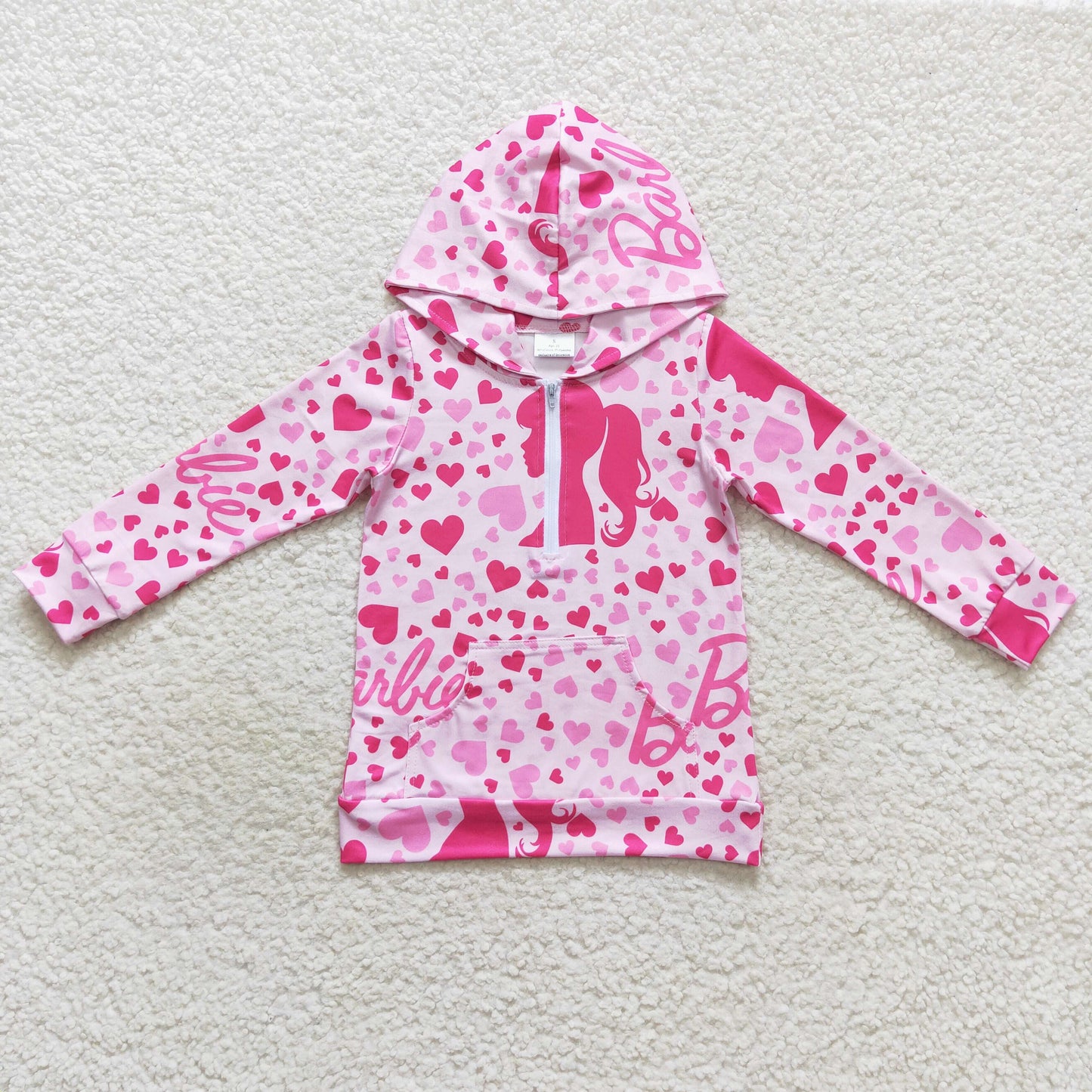 GT0289 Baby Girl Pink Doll Hoodie Long Sleeves Heart Zip Pullover