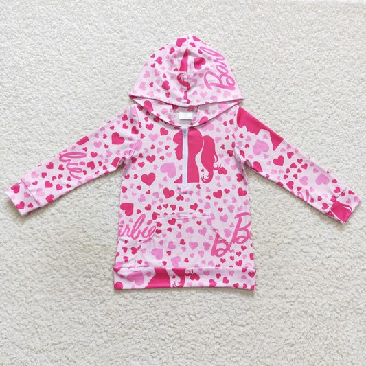 GT0289 Baby Girl Pink Doll Hoodie Long Sleeves Heart Zip Pullover