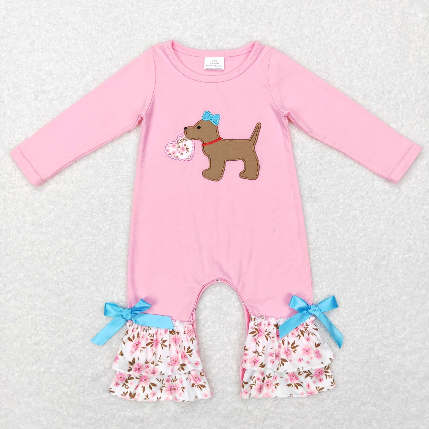 LR0789 Baby Boy Short Sleeves Embroidery Valentines Dog Heart Floral One Piece Romper