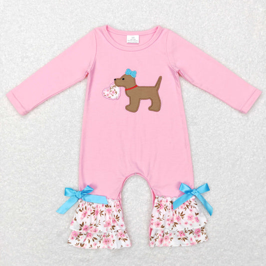 LR0789 Baby Boy Short Sleeves Embroidery Valentines Dog Heart Floral One Piece Romper
