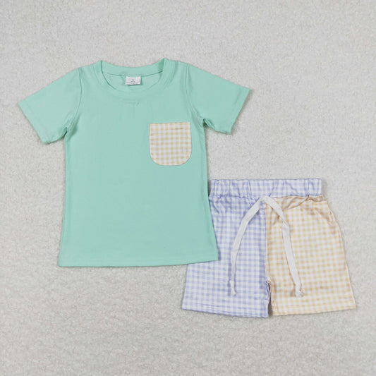 Baby Boy Green Short Sleeves Pocket Shirt Plaid Shorts Set