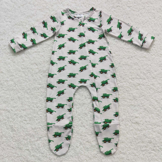 LR0538 Baby Boy Long Sleeves Truck One Piece Zipper Footie Romper