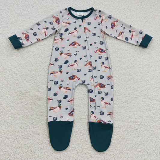 LR0418 Baby Boy Long Sleeves Duck Zipper Footie Romper