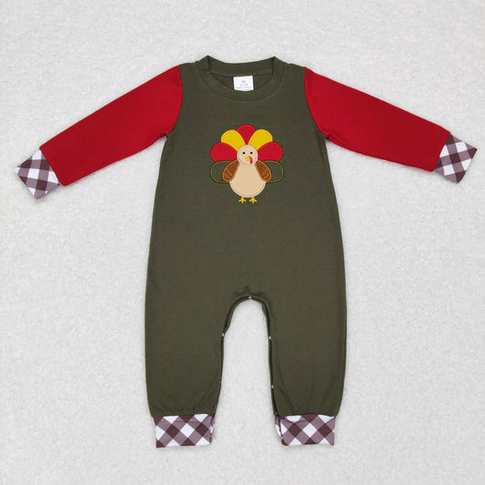 LR0670 Baby Boy Long Sleeves Embroidery turkey Thanksgiving One Piece Romper
