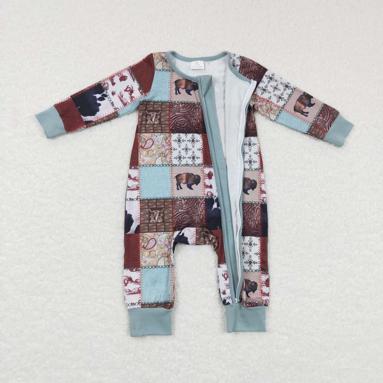 LR0734 Baby Boy Long Sleeves Western Cow Print Zipper One Piece Romper