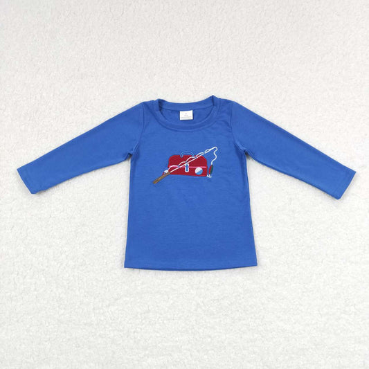 BT0364 Baby Boy Fishing Blue Embroidery Long Sleeves Tree Shirt