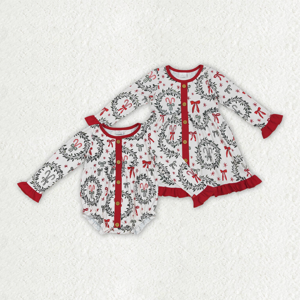 Baby Girl Long Sleeves Christmas Bows Sibling Buttons Romper Dress RTS