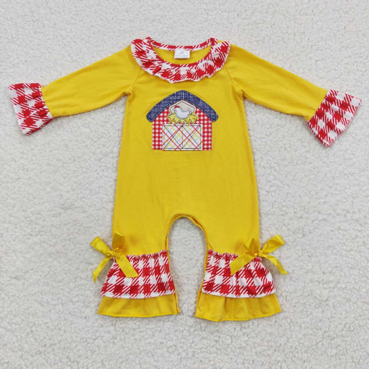 LR0383 Baby Girl Long Sleeves One Piece Embroidery Farm Chicken Romper