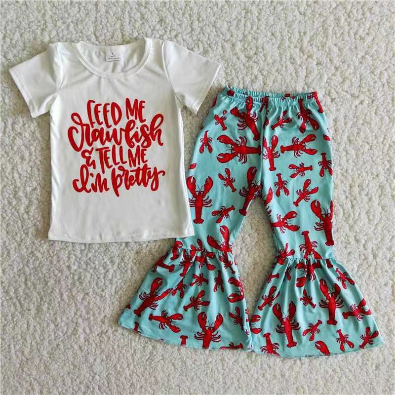 Promotion Baby Girl Short Sleeves Crawfish Shirt Green Bell Pants Outfit RTS