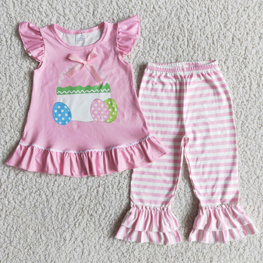 Promotion Baby Girl Easter Eggs Tunic Pink Stripes Bell Pants Set RTS
