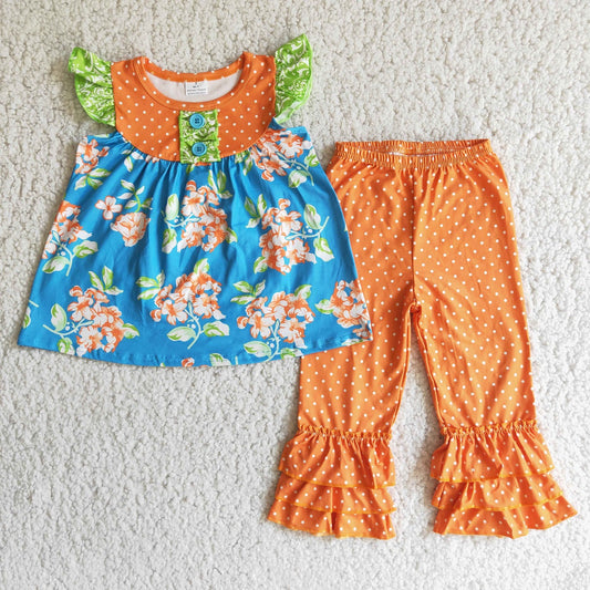Promotion Baby Girl Short Sleeves Flower Tops Dots Orange Pants Fall Set