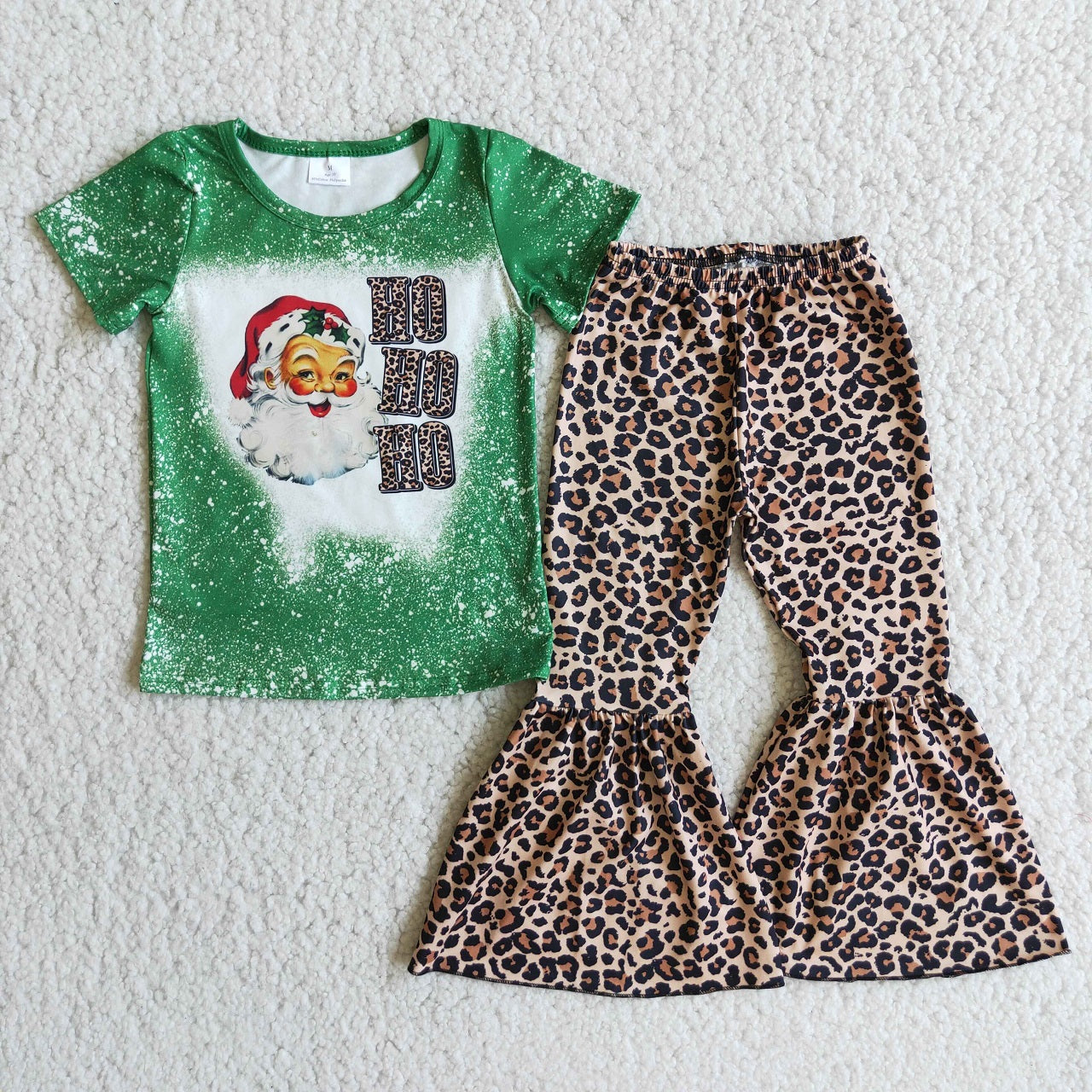 Promotion D1-5 Baby Girl Short Sleeves Christmas Santa Shirt Leopard Bell Pants Outfit
