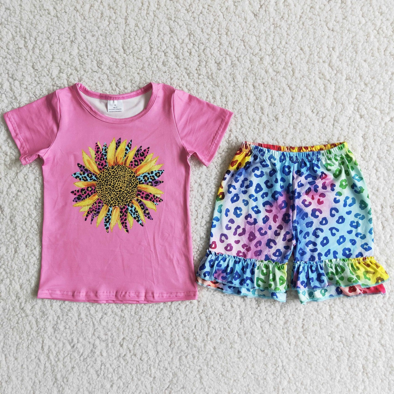 Promotion Baby Girl Short Sleeves Sunflower Shirt Leopard Shorts Set