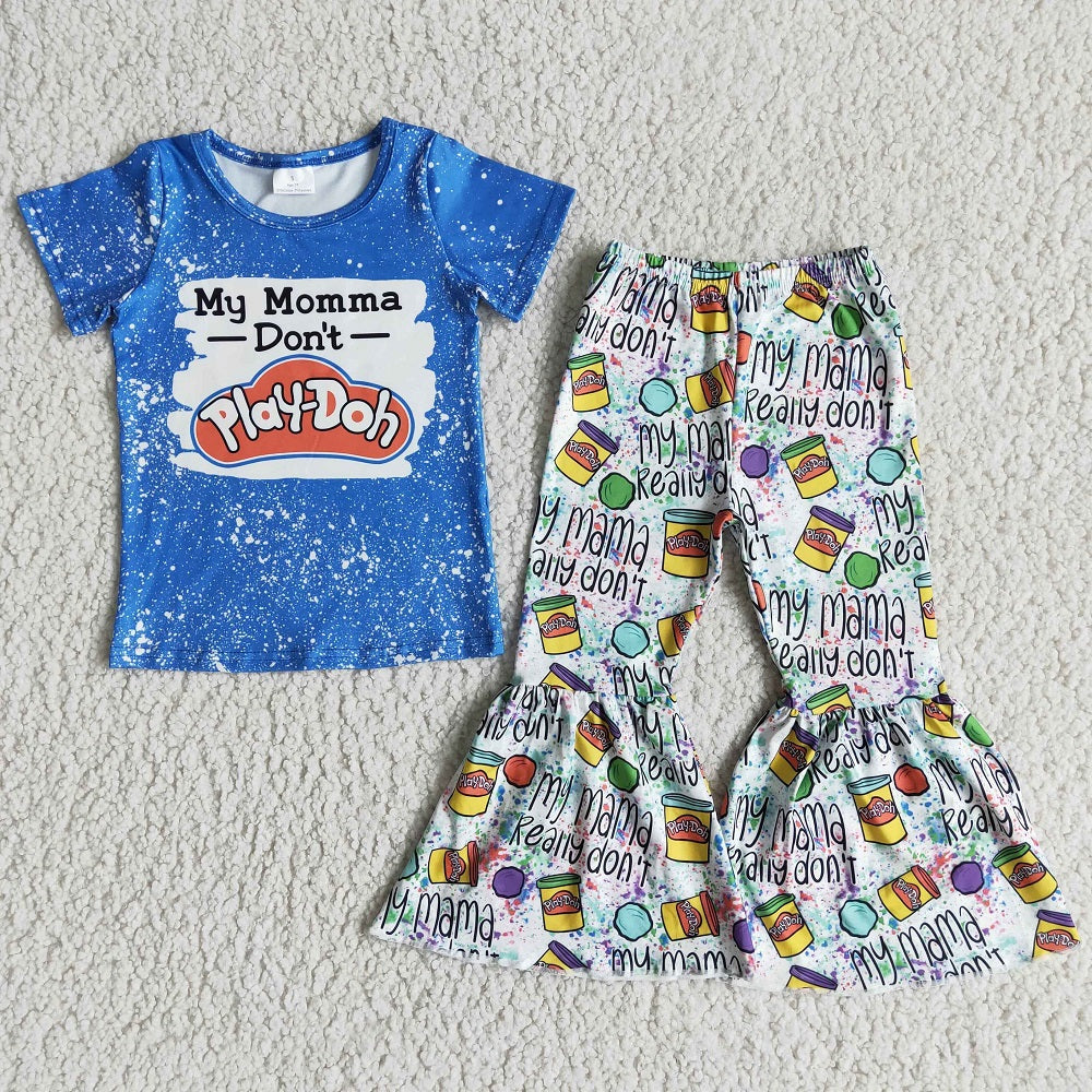 Promotion D11-3 Baby Girl Blue My Mama Shirt Bell Pants Set