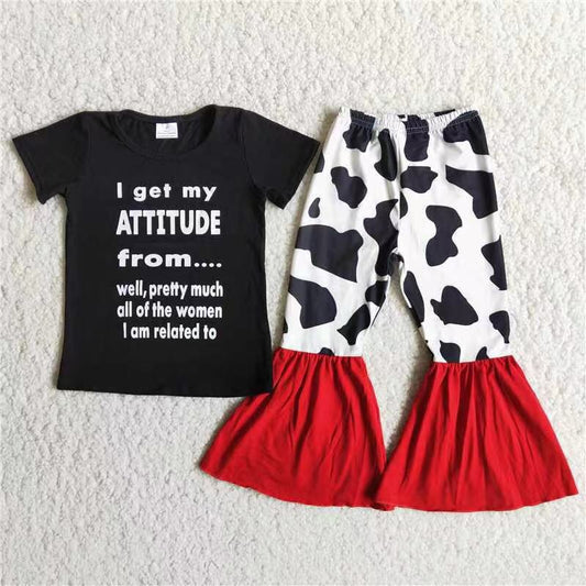Promotion Baby Girl Black Short Sleeves Shirt Cow Print Bell Pants Set