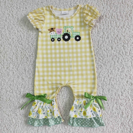 Promotion Baby Girl Short Sleeves Farm Animals Truck Yellow Checked Romper