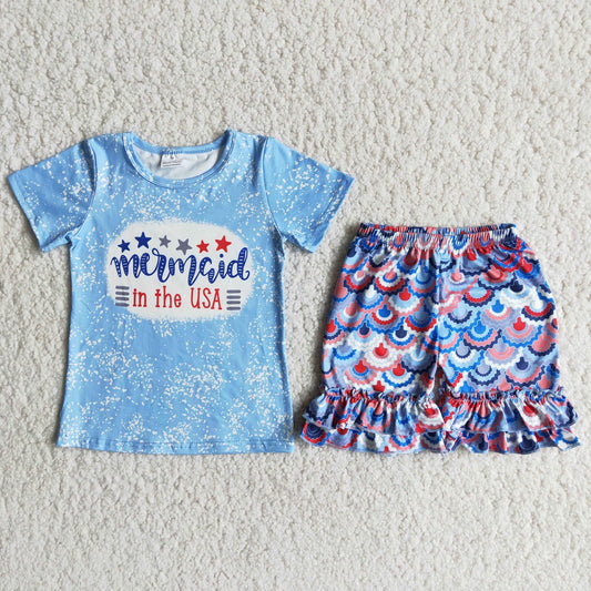 Promotion Baby Girl 4th Of July Blue Shirt Mermaid Shorts Outfit RTS