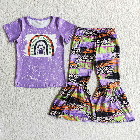 Promotion Baby Girl Purple Short Sleeves Shirt Bell Pants Halloween Outfit RTS