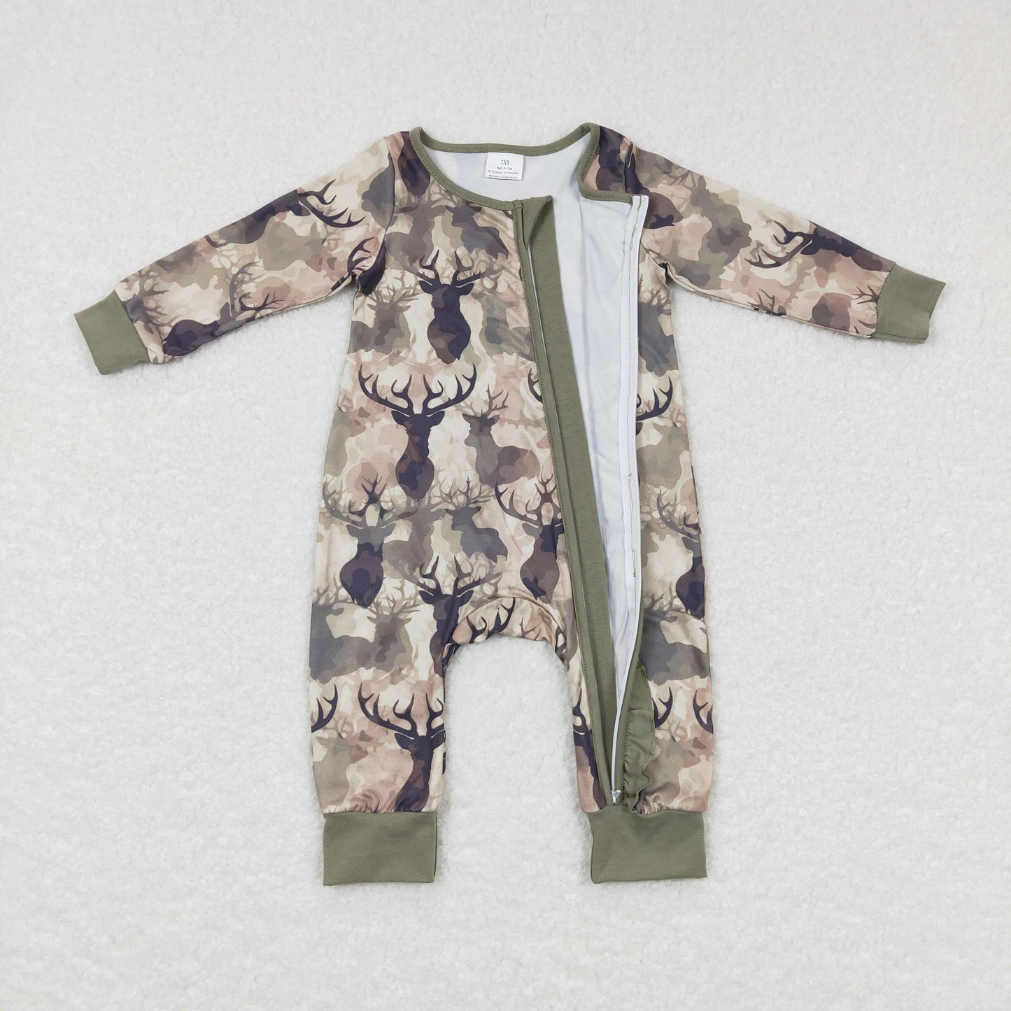 LR0662 Baby Boy Long Sleeves Reindeer Camo Zipper One Piece Romper