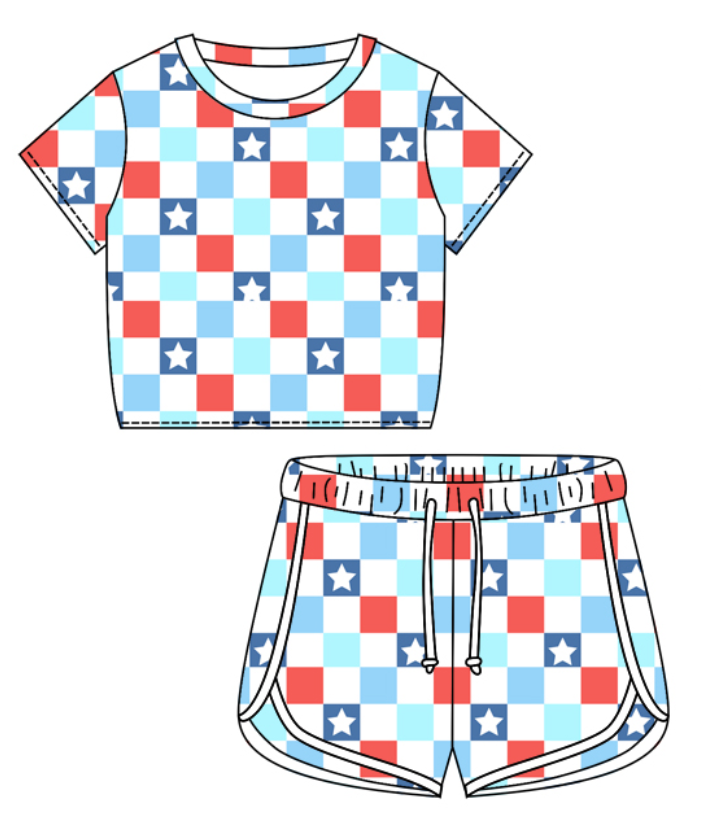 Baby Girl Short Sleeves Stars Checkered July 4th Shirt Shorts Clothes Set Moq 5