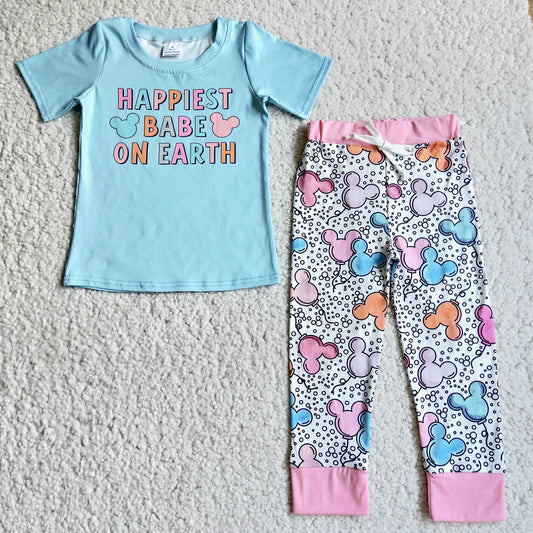 Promotion Baby Girl Short Sleeves Shirt Cartoon Balloons Pants Set RTS