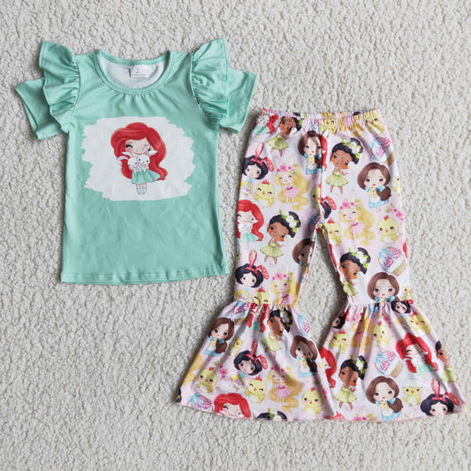 Promotion Baby Girl Easter Short Sleeves Shirt Bell Pants Princess Rabbit Set