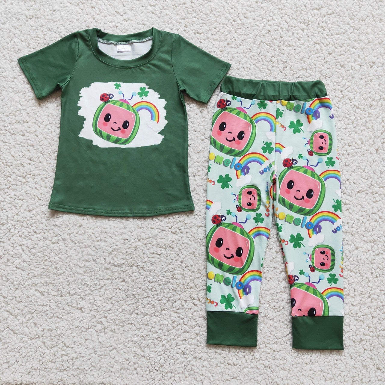 Promotion Baby Boy Short Sleeves Shirt Pants St. Patrick's Day Melon Green Set