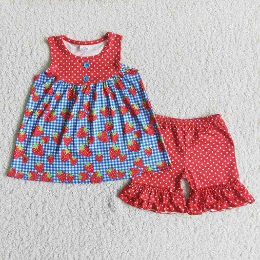 Promotion Baby Girl Summer Sleeveless Strawberry Tunic Dots Red Shorts Set