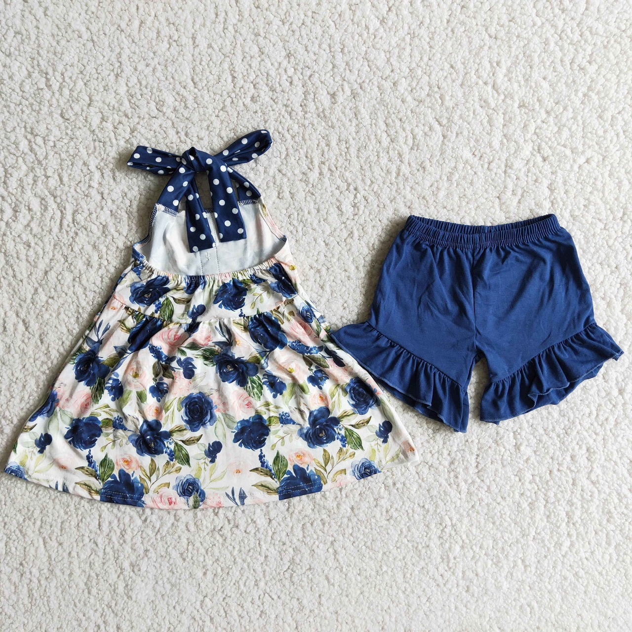Promotion Baby Girl Summer Flower Tunic Ruffle Blue Shorts Set