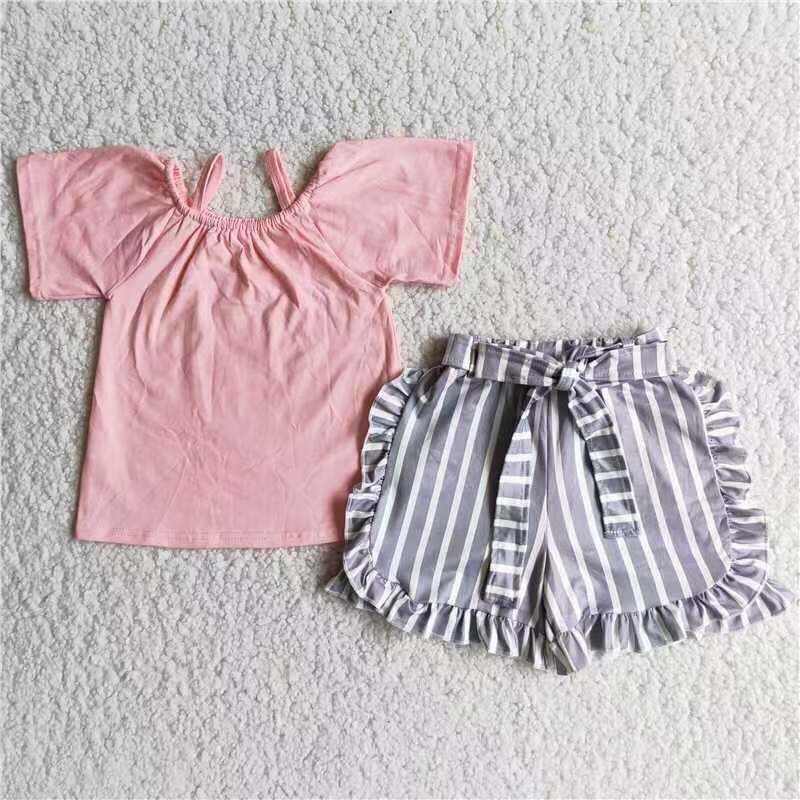 Promotion Baby Girl Summer Pink Cotton Tops Stripes Shorts Outfit