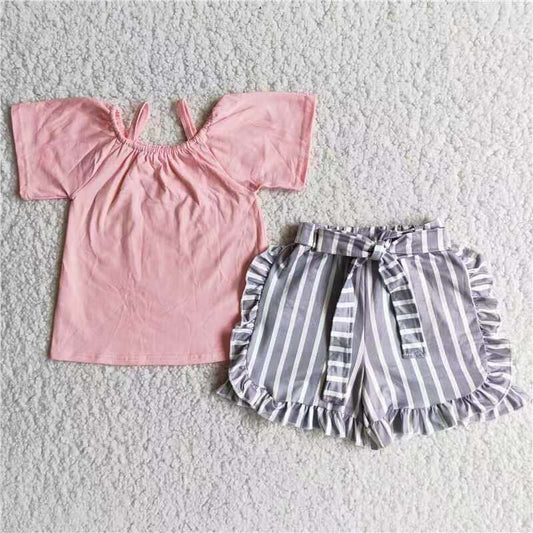 Promotion Baby Girl Summer Pink Cotton Tops Stripes Shorts Outfit