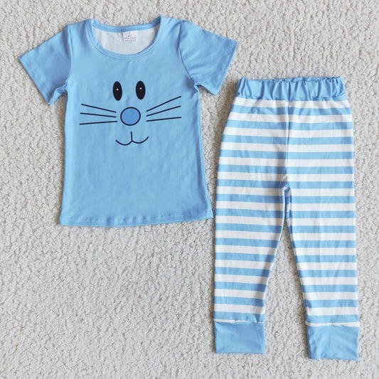 Promotion Baby Boy Short Sleeves Easter Rabbit Shirt Stripes Pants Blue Set