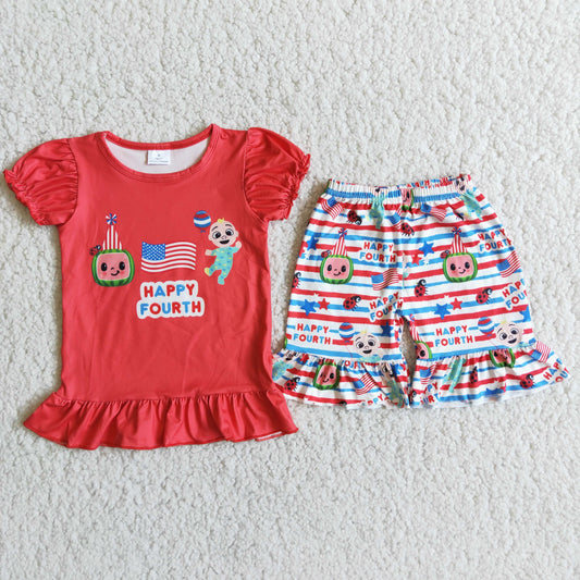 Promotion Baby Girl Short Sleeves Melon Shirt Shorts July 4th Set RTS