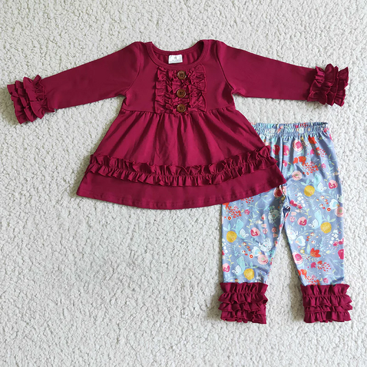 Promotion Baby Girl Long Sleeves Cotton Ruffle Tunic Floral Pants Outfit