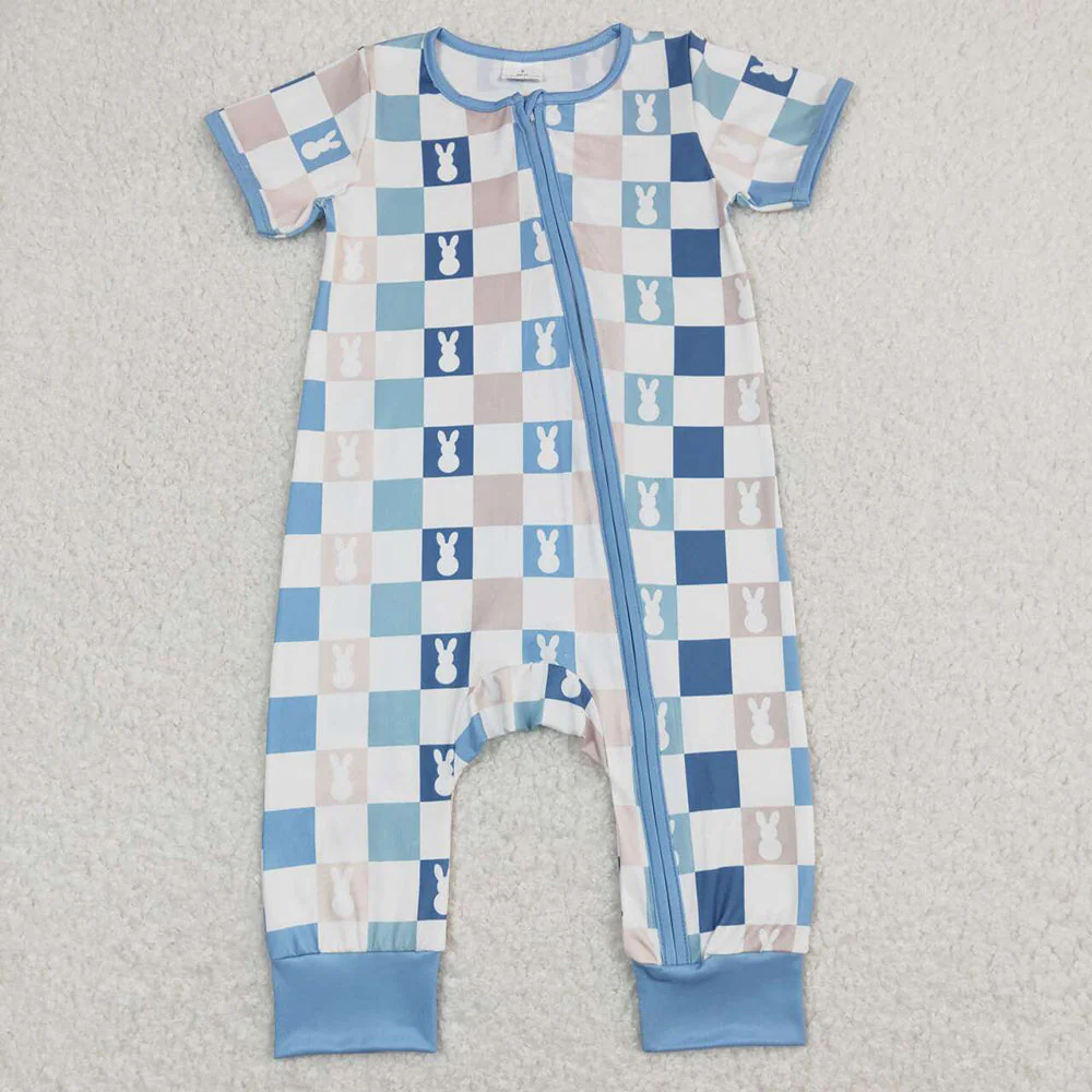 Baby Boy Kids Short Sleeves Checkered Rabbits Sibling Romper Pajamas Clothes Set