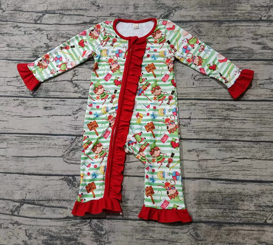 Baby Girl Long Sleeves Green Stripes Christmas Sleeper Zipper Romper