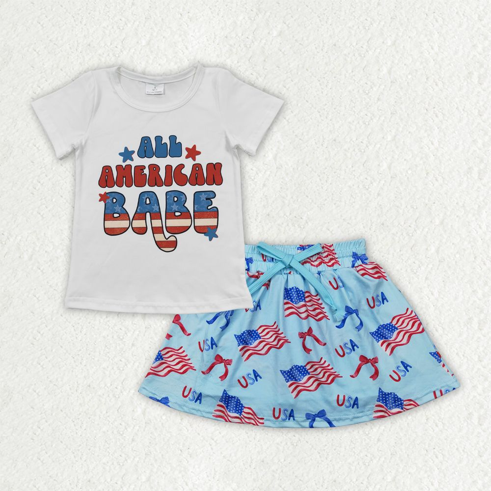 Baby Girl 4th Of July Short Sleeves Shirt Flags Bows Skorts Set RTS