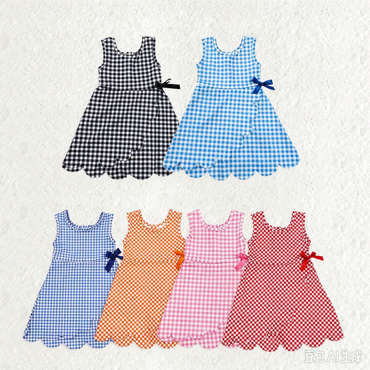 Sibling Baby Girls Plaid Bows Ruffle Yoga Active Shorts Knee Length Scallop Dresses RTS