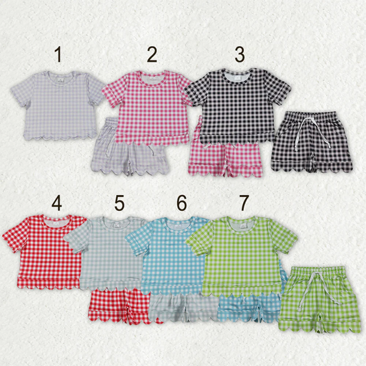 Sibling Baby Girls Kids Short Sleeves Plaid Tops Scallop Shorts Sets Summer Clothes RTS