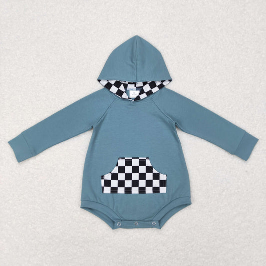 LR0759 Baby Boy Long Sleeves Checkered Hoodie One Piece Romper