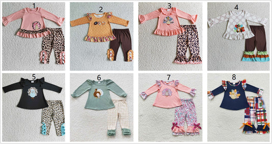 Sibling Girls Toddler Fall Embroidery turkey Tunic Pants Thanksgiving Set Clothes RTS