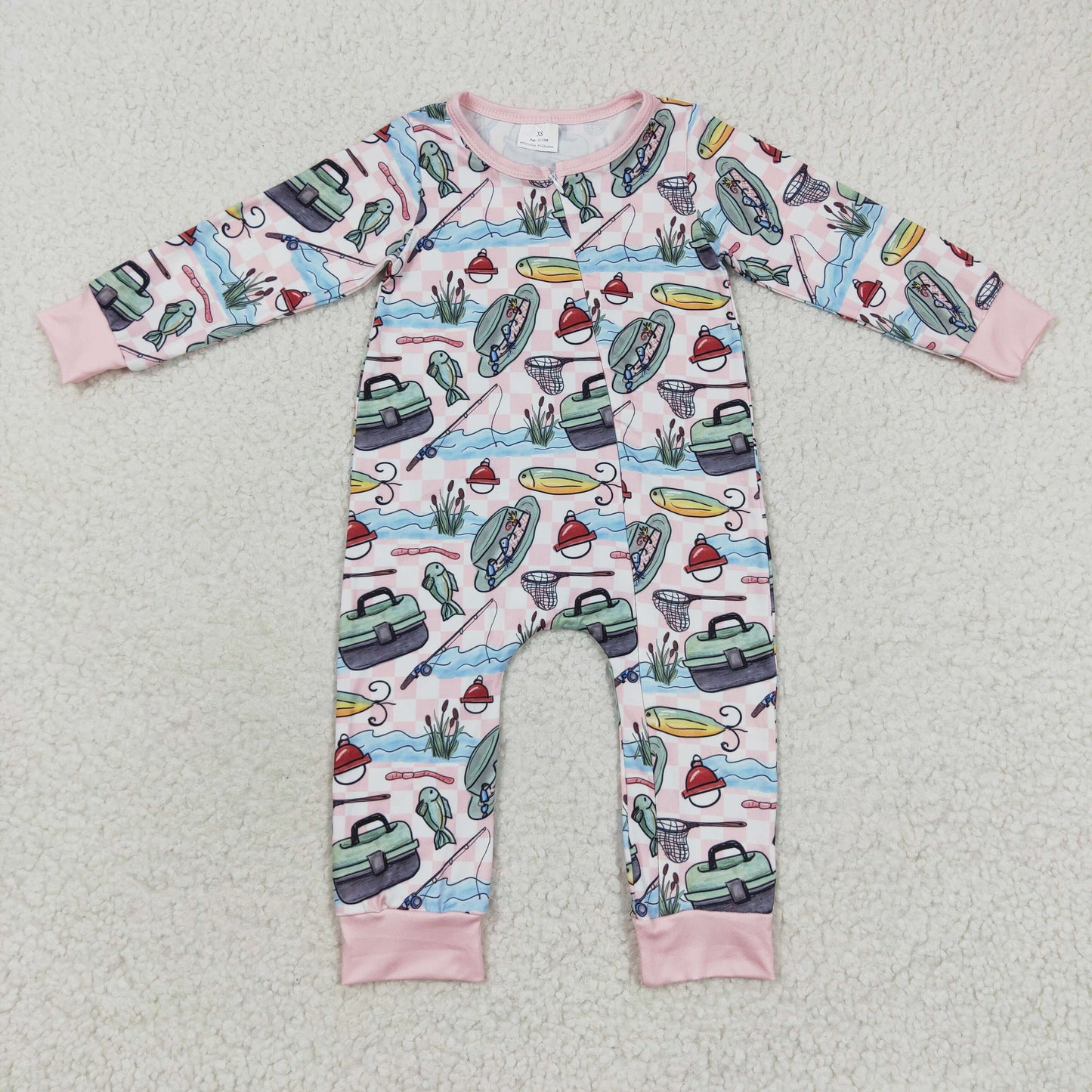 LR0322 Baby Girl Long Sleeves Zip Fishing Pink One Piece Romper