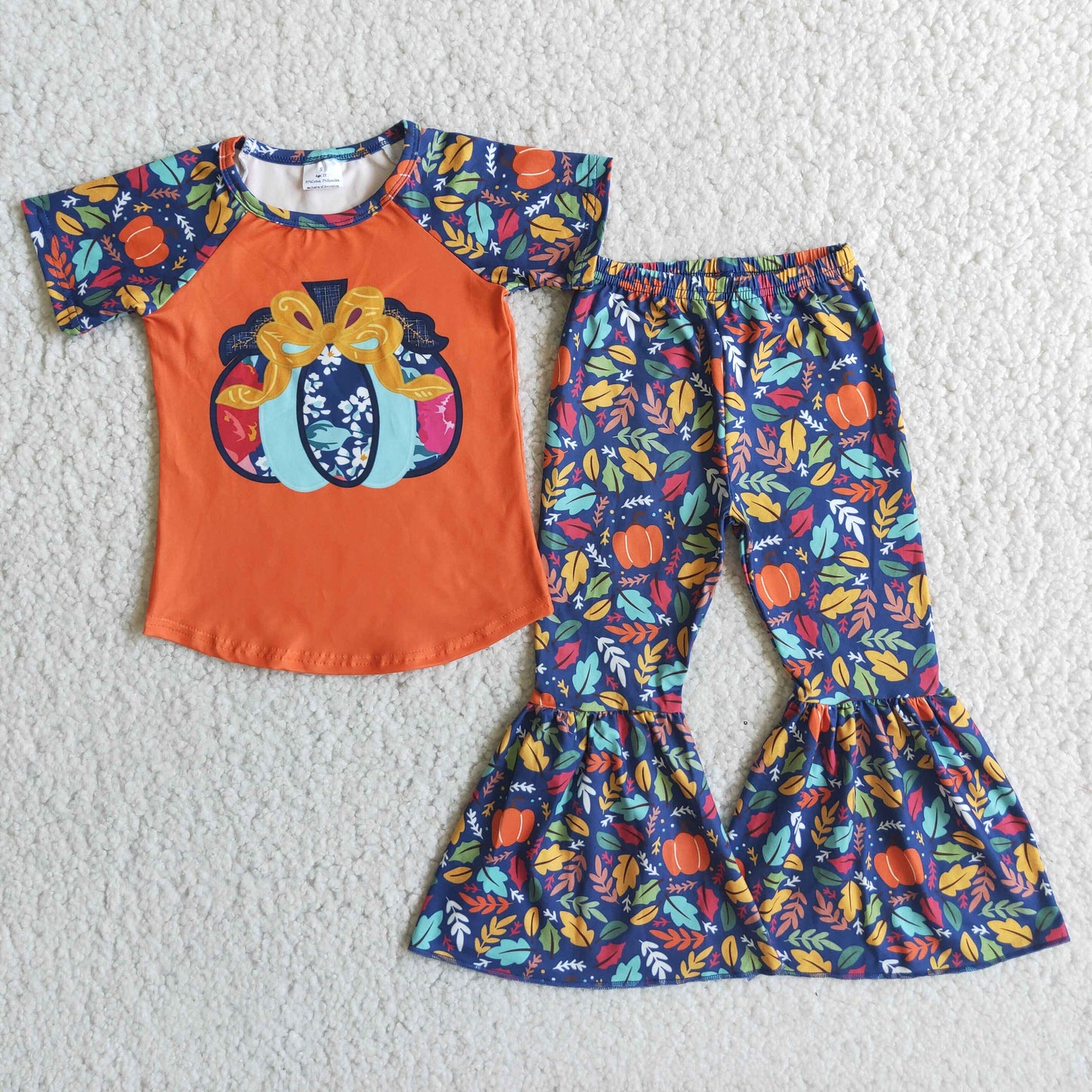 Promotion Baby Girl Short Sleeves Pumpkin Autumn Leaves Bell Pants Outfit RTS