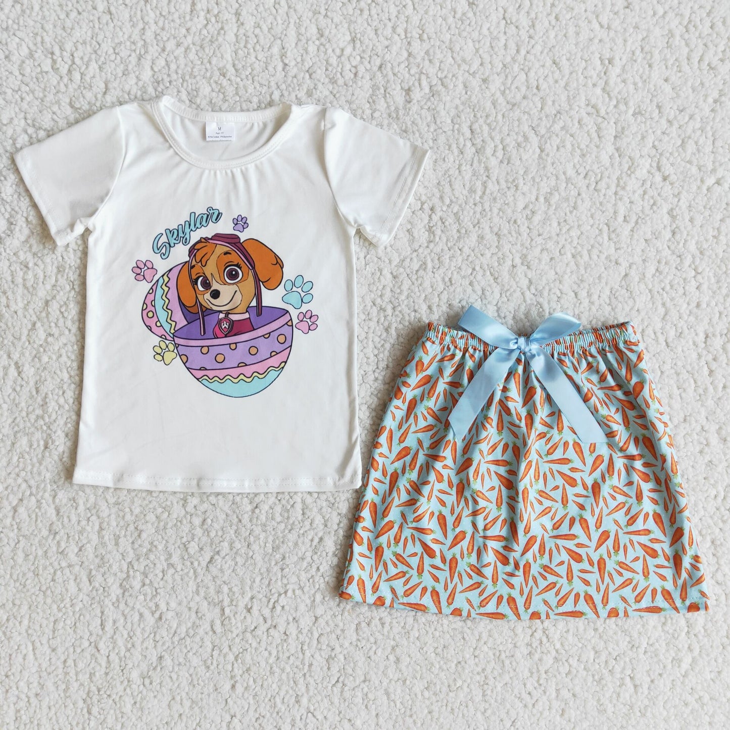 Promotion Easter Baby Girl Short Sleeves Dog Cartoon Dog Shirt Carrots Skirt Set RTS